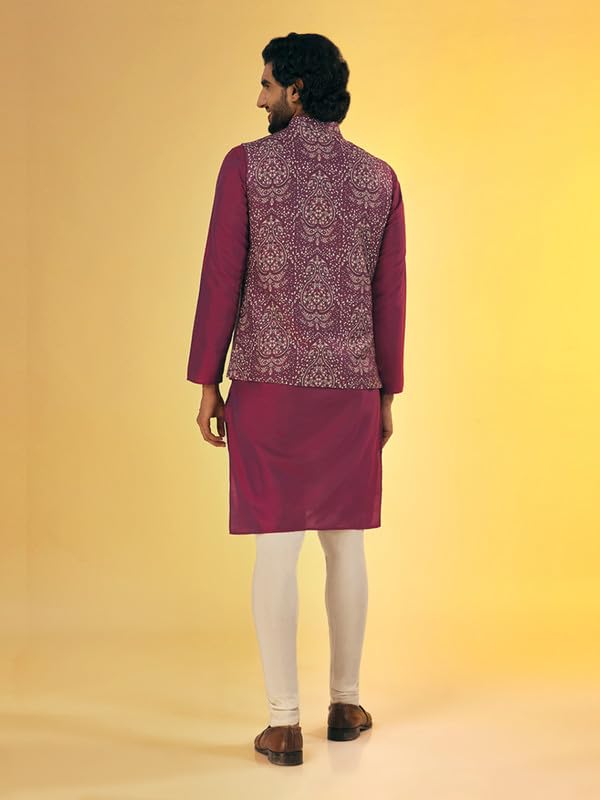 Image of KISAH Men Printed Kurta Jacket Set, Full Sleaves, Knee Length, Straight, Regular Fit, Mandarin Collar Ethnic Wear