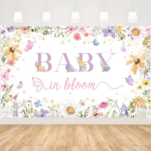 MEHOFOND Wildflower Baby in Bloom Backdrop for Girl Wildflower Baby in Bloom Decorations Banner Watercolor Golden Dots Butterfly Spring Floral Baby Shower Party Supplies Photography Background 6x3.6ft