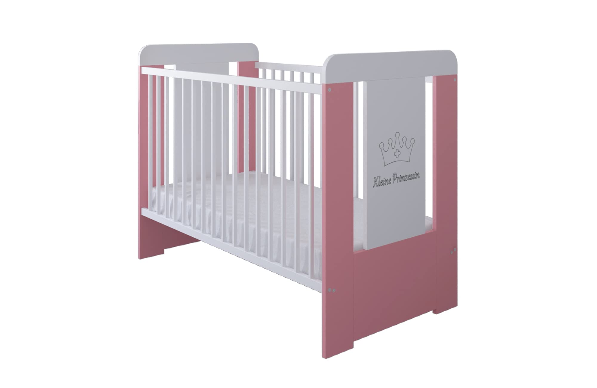 Kids Collective Babybett Gitterbett mit Kleine Prinzessin Gravur 60x120 höhenverstellbar | herausnehmbare Sprossen weiß pink Mädchen Made in Europe | von Geburt bis 3. Lebensjahr