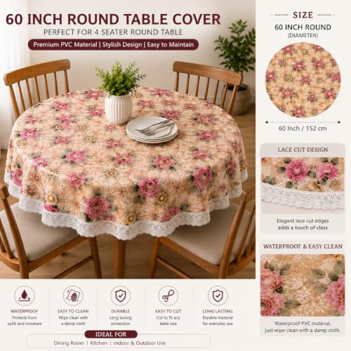 Image of Dakshya Industries PVC Waterproof 60 Inch Round 4 Seater Dining Table Cover Floral Design Table Cloth | Easy Wipe Clean