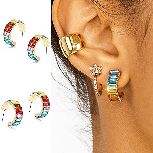 Rainbow Baguette Earring Anniversary Eternity Cubic Zirconia Earrings Crystal Wedding Huggie Hoop Earrings Fashion Luxury Jewelry For Women Girl (Full Colour) #TOP1