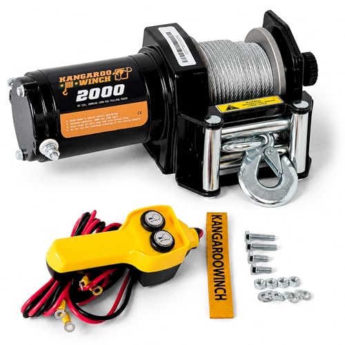 KANGAROO WINCH Treuil Electrique 12v Universel 2000 lbs / 906 kg - Puissant et Compact avec Câble Acier et Télécommande - Construction Fiable pour Voiture, Quad et Défis Offroad (K2000)