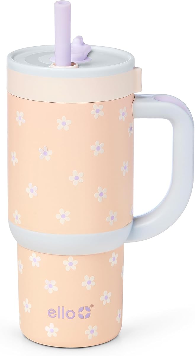 Ello Oasis 14oz Insulated Stainless Steel Kids Tumbler with Straw, Orange Daisies