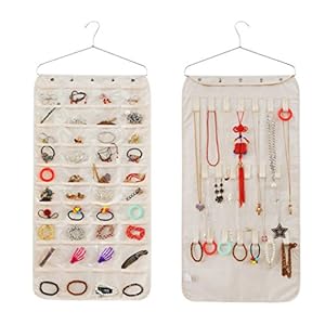 Jewelry Hanging Non-Woven Organizer Holder Earring Necklace Ring Dual Side Display Storage Bag with 40 Pockets 20 Hook and Loops