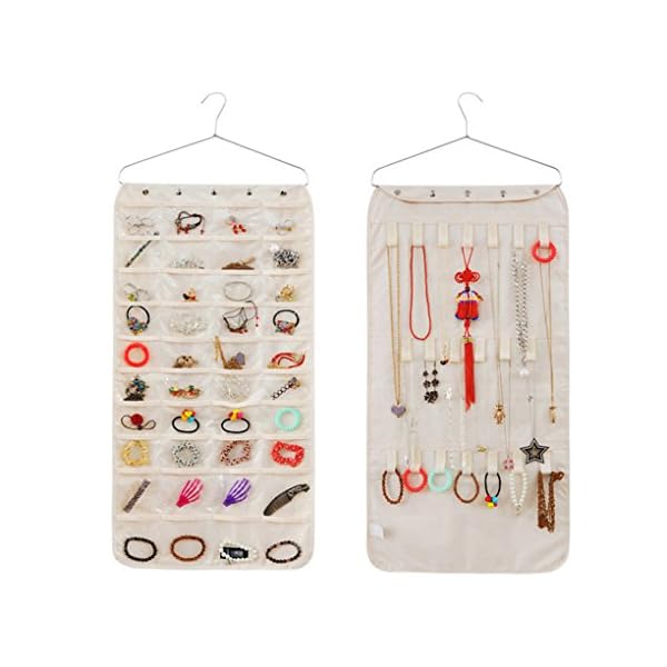 Jewelry Hanging Non-Woven Organizer Holder Earring Necklace Ring Dual Side Display Storage Bag with 40 Pockets 20 Hook and Loops