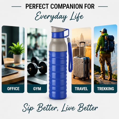 Image of CELLO Puro Steel-X Delta 900 PU Insulated Water Bottle for Office 705 ml Blue | Wide Mouth Easy to Carry with Strap Leak Proof Flip Top Lid Inner Steel Water Bottle for School Kids, College & Travel
