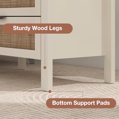 HOMMPA Rattan Night Stand with Charger Station Set of 2, 26'' Wide Boho Nightstand with 3 Drawer, Modern Bedside Table with Plug, Bed Side End Table Dresser with Open Shelf for Bedroom, Beige - image 6