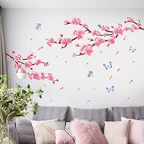 Supzone Cherry Blossom Wall Sticker Japanese Sakura Wall Decal Pink Flower Branch And Butterfly Wall Decor Diy Vinyl Mural Art For Bedroom Living Room Office Sofa Tv Backdrop Wall Decoration #TOP2