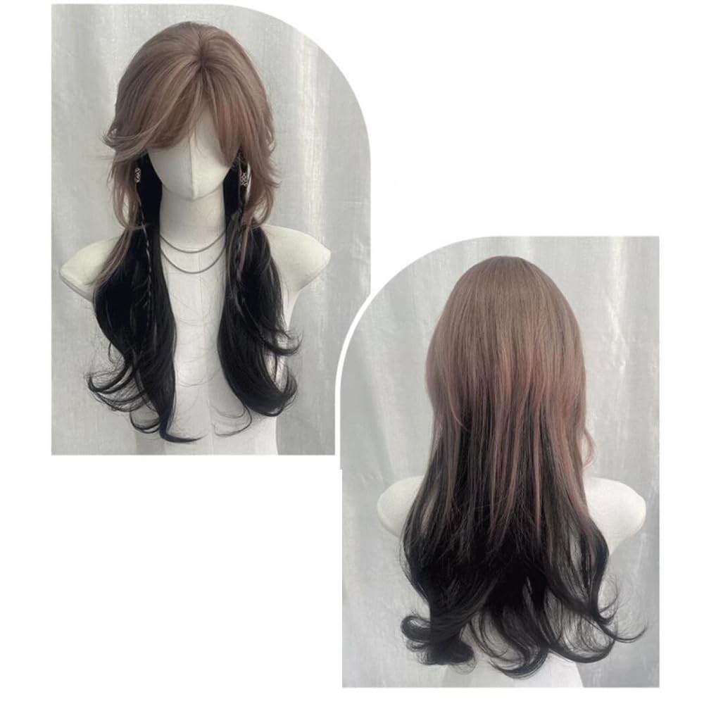 Mullet Wig Black Mix Beige Brown Wig Wolf Cut Wigs with Bang Heat Resistant Natural Looking Wigs for Women
