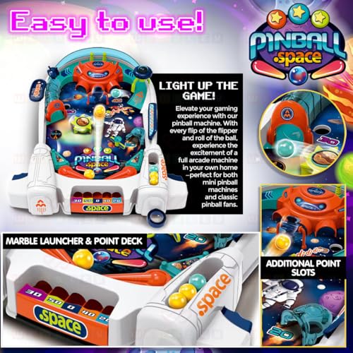 Image of Wembley Pinball Game for Kids 3 4 5 6 7 Years Old for 2-4 Players Mini Pin Ball Arcade Machine Toy Tabletop Indoor Game Easy to Assemble Birthday Gift for Boys Girls - Space Themed