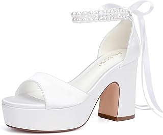 Platform Wedding Shoes for Bride Open Toe Bridal Shoes Pearl Heels Block Heel Wedding Sandals