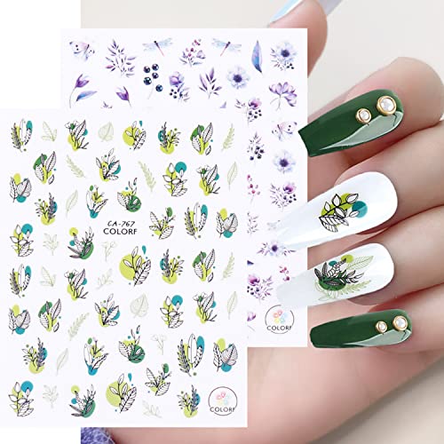 Flowers Nail Art Stickers, Summer Butterfly Flower Leaf Nail Art Decals, Holographic Floral Nail Adhesive Sticker Design Supplies For Women Girls Manicure Decorations, 3D Blossom Nail Transfer Decal #TOP1
