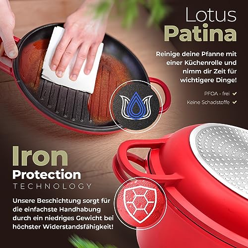 Foto von TLESS® 2in1 Aluguss Bräter mit Deckel backofengeeignet | Schmorpfanne & Schmortopf oder als Bratentopf für Induktion | sehr leicht & widerstandsfähig | Ø 24 cm 4 Liter rot