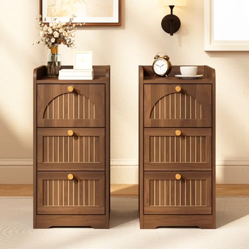 Image of 11.02 inch Narrow Nightstand Set of 2, Fluted Slim Bedside Table with 2 Drawers, Mid Century Modern Small End Table with Gold Metal Handles, for Bedroom, Living Room & Small Spaces - Walnut