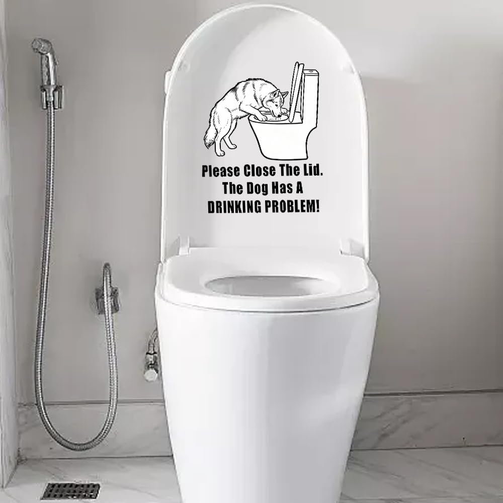 Dog Toilet Lid Sticker, Please Close The Lid The Dog Has A Drinking Problem Humorous Bathroom Vinyl Decal, Restroom Toilet Tank Sticker Gift for Dogs Owners (Husky)