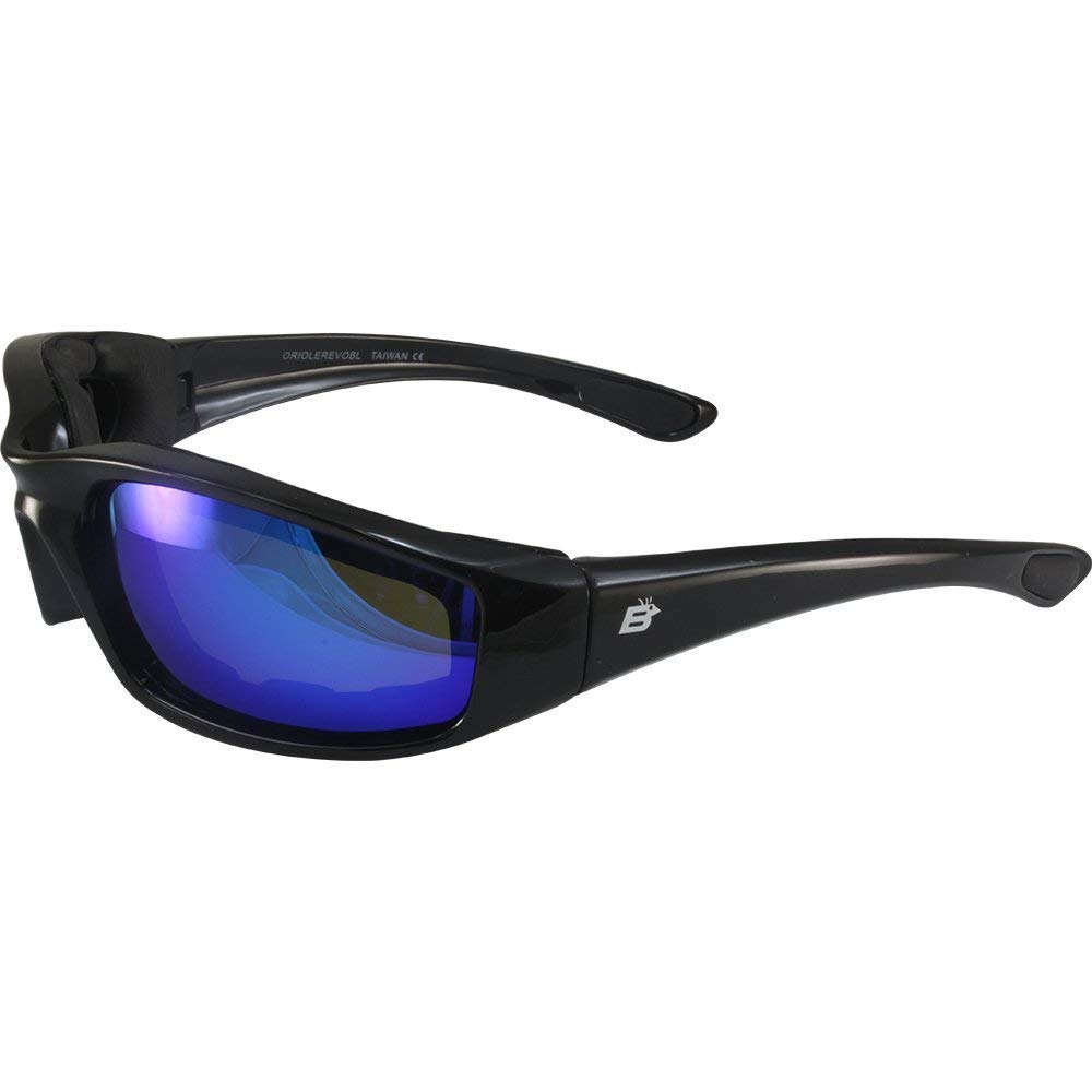 BirdzEyewear Oriole Padded Motorcycle Riding Sunglasses Gloss Black Frames Blue G-Tech Reflective Lenses