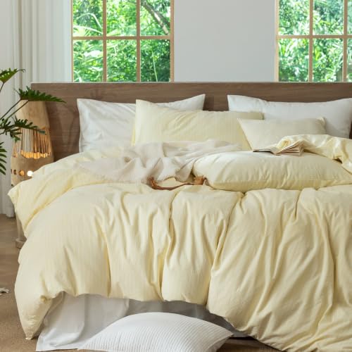 Image of MooMee Striped Duvet Cover Set 100% Washed Cotton Linen Like Queen | Relaxed Linen-like Texture. Soft, Breathable & Long-lasting Comfort. Lightweight. Hidden Zipper with 8 Interior Corner Ties
