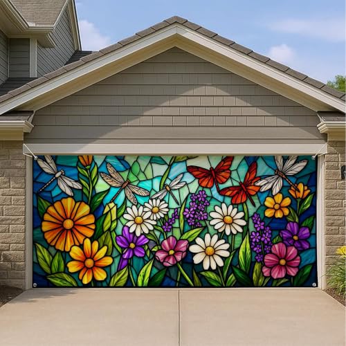 Housse porte garage vitrail papillon bâche déco extérieure