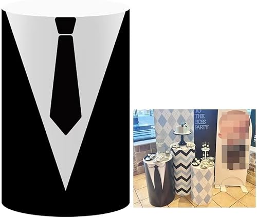 Iydamc Fundas para mesa cilíndrica con temática de bebé y jefe, diseño de esmoquin negro, funda elástica para pedestal para baby shower, fiesta de Iydamc Fundas para mesa cilíndrica con temática de bebé y jefe, diseño de esmoquin negro, funda elástica para pedestal para baby shower, fiesta de
