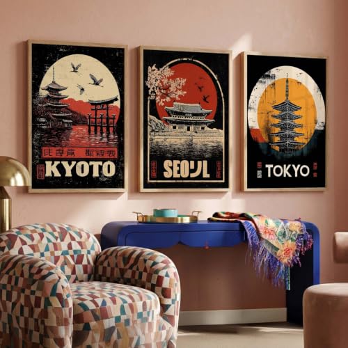 Image of kotart Japanese City View Wall Framed Posters | Aesthetic Japan Theme City View Framed Poster for Living Room Bedroom Gaming Room Studio Wall Decor Set Of 3 (20x30 Inch)