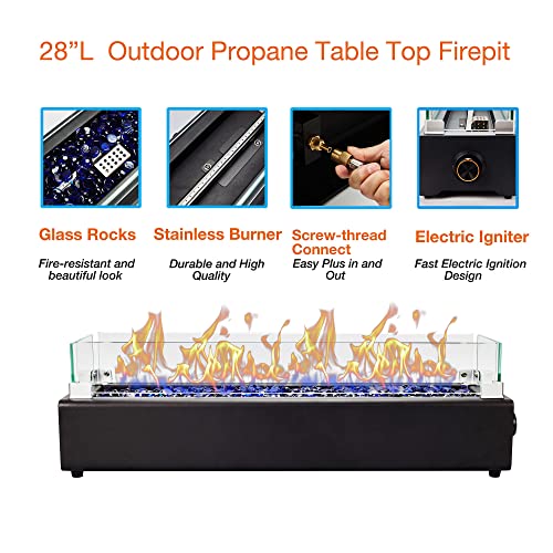 Baide Home 28-Inch Table Top Propane Fire Pit, 40,000 Btu Tabletop Gas Firepit For Patio, Outdoor Portable Fireplace Rectangular Fire Bowl W/Wind Glass Shield, Glass Rocks - Black #TOP2