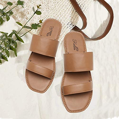 Katliu Women's Flat Sandals Two Strap Slide Sandals Open Toe Brown #TOP6