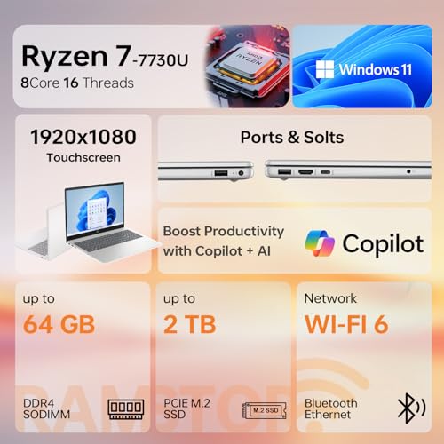 Image of HP Pavilion 15 Laptop with Copilot AI, 15.6 inch FHD Touchscreen, AMD Ryzen 7 7730U Performance for Multitasking, 16GB RAM, 1TB SSD, Wi-Fi 6, HDMI, Webcam, Windows 11 Home, Silver
