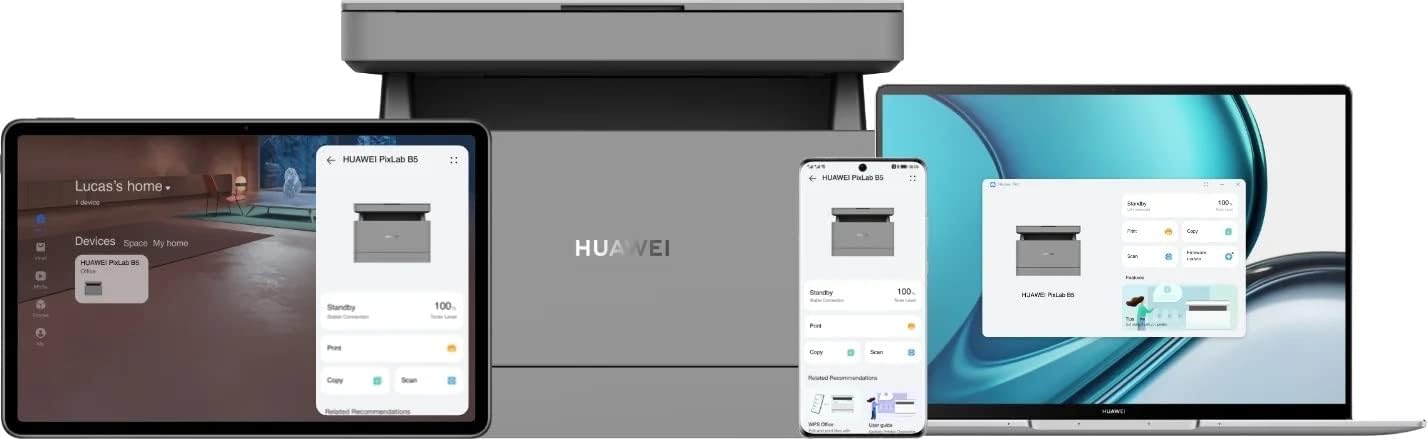 HUAWEI PixLab B5 printer connected to multiple devices: tablet, smartphone, and laptop