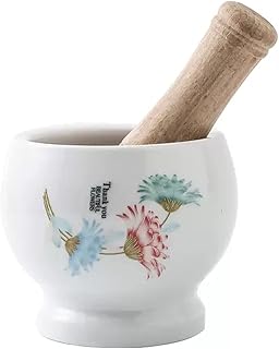 Tazón Molinillo Triturador de píldoras de mortero y mortero de porcelana, molinillo de especias, tazón de hierbas, polvo de pesto, porcelana de calidad con patrón floral, blanco Molinillo Triturador(P