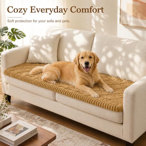 NILUOH Couch Cover for Dogs Washable, Non Slip Pet Couch Cover, Thick Plush Furniture Protector for Sofa, Protects Against Hair, Dirt and Scratches, Suitable for 3 Seat Sofa(Camel, 27.6" x 70.9") — view 2