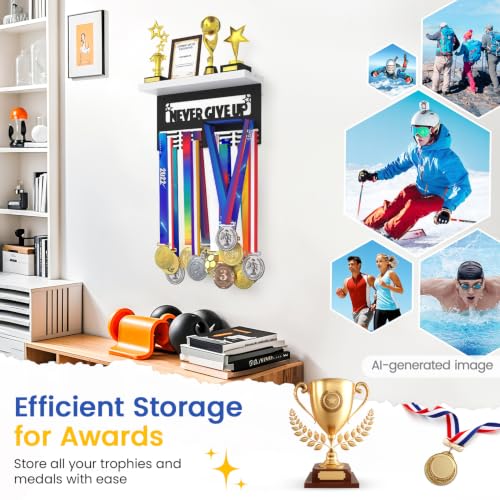 Image of Medal Holder Display Trophy Shelf Organizer, Sturdy Wooden Race Award Hanger Rack with 25 Steel Hooks, Wall Mount Storage Stand for Sports Fans, Cheer Success
