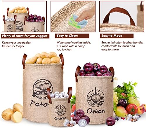 Kamehame Potato and Onion Storage Bags Garlic Storage Keeper Bag 3 Pcs Lined Burlap Pantry Storage Bin Basket