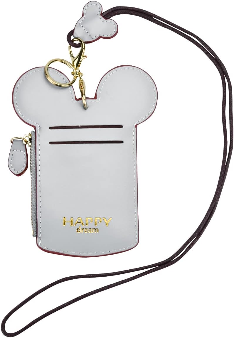 BUUFAN Chic Cute Travel PU Leather Student ID Card Holder Lanyard Neck Pouch Bag With Coin Wallet Purse for Students Women Kids Teens Girls (Grey)