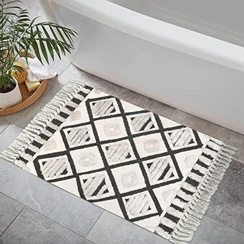 Seavish Tufted Cotton Area Rug,2X 3 Black Geometric Hand Woven Tassel Throw Rug Shag Accent Fringe Rag Rug for Living Room Bedroom Bathroom Kitchen Laundry Dorm