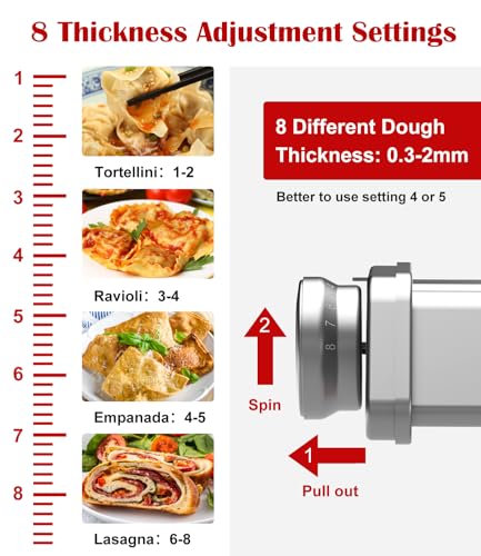 Pasta Roller Attachment for KitchenAid Stand Mixer, Stainless Steel Pasta Maker for Pasta, Ravioli, Noodle Dough Sheet Roller with 8 Adjustable Thickness Knob
