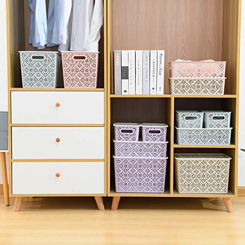 Anminy Plastic Storage Baskets Set With Handles Removable Lids Stackable Lidded Bins Boxes Home Kitchen Cubes Closet Shelf Organizer Containers Weave Hollow Design 1 Large 1 Medium 2 Small - Pink #TOP6