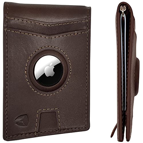 Bryker Hyde AirTag Wallet,Minimalist front pocket wallet with Built in AirTag holder, GPS, Slim bifold, ID Inside with Pull Tab card slot, money clip, RFID blocking, Top Grain leather(Texas Brown)