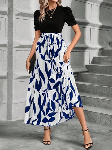 Image of PerZeal Women's Casual Summer Crewneck A Line Short Sleeve Print Flowy Boho Long Maxi Dress with Belt