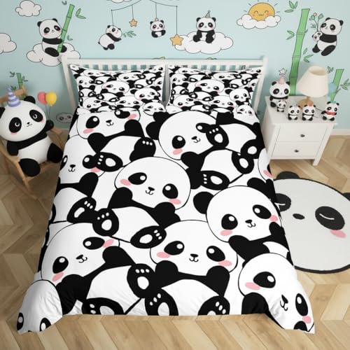 Erosebridal Kid Duvet Cover Full, Cute Panda Bedding Set for Bedroom Decor, Kawaii Black White Bear Comforter Cover, Giant Panda Bedding Comforter Set, Cartoon Bedding Set for Childern Boys Girls