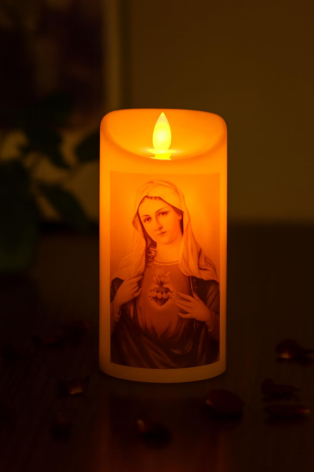 Jamboree!!! LED Virgin Mary Prayer Candle – Flameless Devotional Candle with Sacred Heart Image, Battery Operated Real Wax Flickering Light for Home Altar, Church, Prayer Room & Memorial (6 Inch)