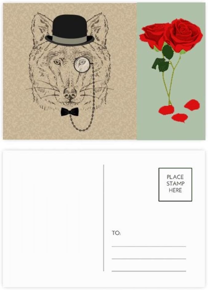 帽子蝶ネクタイのガラスの動物のイラストパターンと英国風ジェントル ウルフ 信用 ハガキカードはバラのバレンタインカード枚を祝います