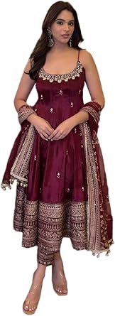 Indya Maroon Embroidered Silk Anarkali Set Embroidered for Festive | Spaghetti Strap | Scoop Neck | Indian Ethnic Wear