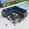 Kullavik outdoor patio furniture set 6 pieces sectional rattan sofa set brown pe rattan wicker patio conversation set with 5 navy blue seat cushions and 1 tempered glass table  urban country home decor