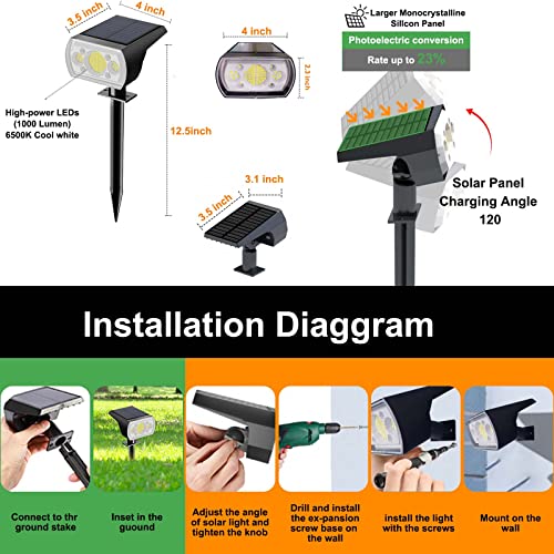 Romeluce 4Pcs Solar Spotlight Outdoor, 64 Leds 1000 Lumens 3 Lighting Modes Solar Powered Garden Pathway Spotlights, Ip66 Solar Powered Landscape Lights Wall Lights In One, For Yard Garden Tree Flag #TOP6