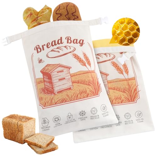 Reusable Beeswax Bread Bags 2 Pack, XL 12"x17" Linen Cotton