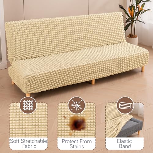 Image of HOKIPO 280 GSM Armless Sofa Cover for Sofa Cum Bed, Stretchable Elastic Futon Slipcover - 'Aria Nova' Large, Beige (AR-6703-BGE)