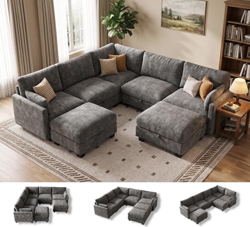 Image of Modular Sectional Sofa, Oversized V-Shaped Couch with Storage | High Resilience Foam, 22 inch Seat Depth, Movable Ottoman, Comfy Chenille, Easy Assembly, Dark Gray