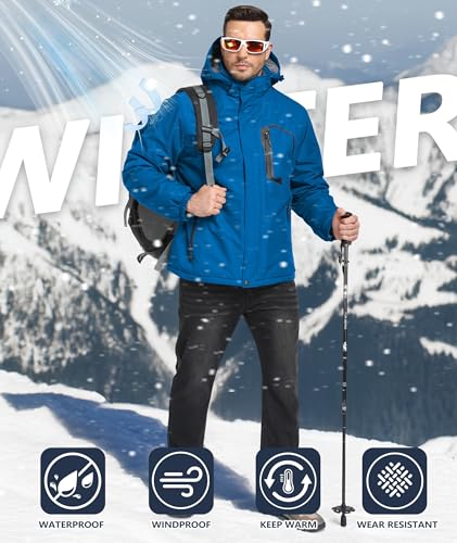 Image of Mens Winter Jackets Waterproof Warm Fleece Ski Jacket with Hood Thermal Windproof Coat Zip Pockets