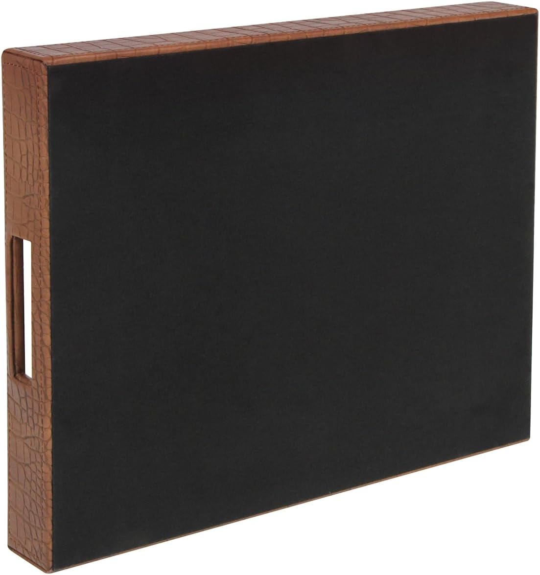 HofferRuffer Rectangle Serving Tray with Hole Handles for Coffee Table, Breakfast, Tea, Food, Butler - Countertop, Kitchen, Vanity Serve Tray, 16.2 x 12.2 x 2 inches, Faux Leather Tray (Antique Brown)