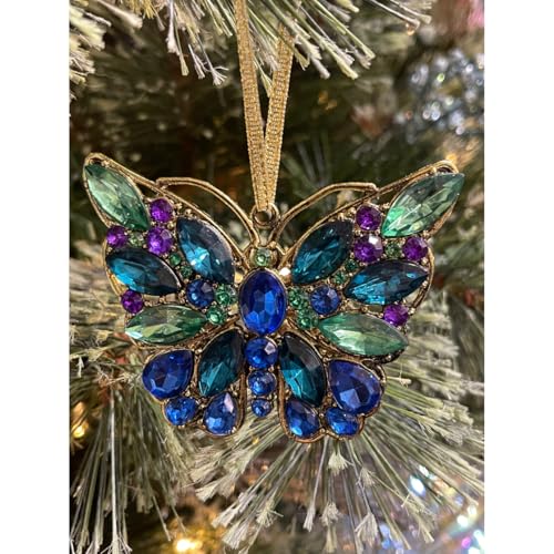 Gemstone Dragonfly or Butterfly Christmas Ornament, 3 in, Gold Plated Metal with Ribbon with Tulle Gift Bag (1, Butterfly)